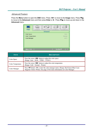 Page 29
DDDLLLPPP   PPPrrrooojjjeeeccctttooorrr   –––   UUUssseeerrr’’’sss   MMMaaannnuuuaaalll   
Advanced Feature 
Press the Menu button to open the OSD menu. Press ◄► to move to the Image menu. Press ▼▲ 
to move to the Advanced menu and then press Enter or ►. Press ▼▲ to move up and down in the 
Advanced menu. 
 
ITEM DESCRIPTION 
Color Space  Press the cursor ◄► button to adjust the color space.  
(Range: Auto – RGB – YPbPr – YCbCr)  
Color Temperature  Press the cursor ◄► button to adjust the color...