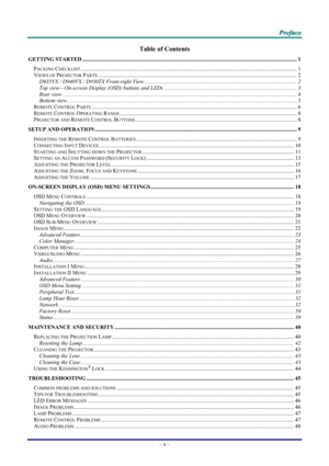 Page 5
   PPPrrreeefffaaaccceee   
Table of Contents 
GETTING STARTED........................................................................\
..................................................................................1 
PACKING CHECKLIST........................................................................\
...................................................................................1 
VIEWS OF PROJECTOR PARTS........................................................................\...