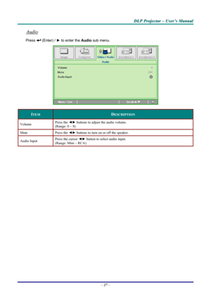 Page 33
DDDLLLPPP   PPPrrrooojjjeeeccctttooorrr   –––   UUUssseeerrr’’’sss   MMMaaannnuuuaaalll   
Audio 
Press  (Enter) / ► to enter the Audio sub menu. 
 
ITEM DESCRIPTION 
Volume Press the ◄► buttons to adjust the audio volume.  
(Range: 0 ~ 8) 
Mute Press the ◄► buttons to turn on or off the speaker. 
Audio Input Press the cursor ◄► button to select audio input.  
(Range: Mini ~ RCA) 
 
 
– 27 –  
