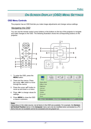 Page 26 
 
  P
P
P r
r
r e
e
e f
f
f a
a
a c
c
c e
e
e  
 
 
–  17  – 
ON-SCREEN DISPLAY (OSD) MENU SETTINGS 
OSD Menu Controls 
The projector has an OSD that lets you ma ke image adjustments and change various settings.  
Navigating the OSD 
You can use the remote control curs or buttons or the buttons on the top of the projector to navigate 
and make changes to the OSD. The following illu stration shows the corresponding buttons on the 
projector. 
 
1
2 3
4
5
7 6
1
6
7 5
2 6
1
3
4
 
 
1.  To enter the OSD,...