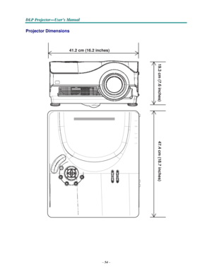 Page 66–54–
D D
DLLLPPP PPPr r
r
o o
ojjjeeec c
c
ttto o
o
r r
r
— —
—
UUUs s
seeer r
r
’’’s s
s M M
M
a a
a
n n
n
u u
u
a a
al l
l
   
  
 
 
19.3
 cm
 (7.6inches)47.4cm(18.7
 inches)
 
 
Projector Dimensions 
  
 
 
 
41.2 cm (16.2 inches)  