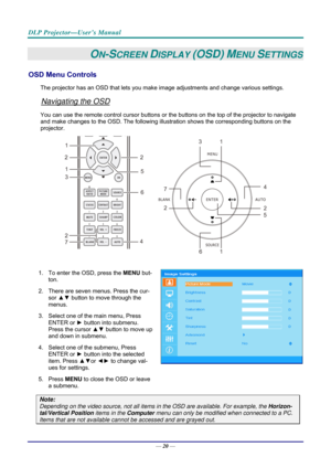 Page 29DLP Projector—User’s Manual 
— 20 — 
ON-SCREEN DISPLAY (OSD) MENU SETTINGS 
OSD Menu Controls 
The projector has an OSD that lets you ma ke image adjustments and change various settings.  
Navigating the OSD 
You can use the remote control curs or buttons or the buttons on the top of the projector to navigate 
and make changes to the OSD. The following illu stration shows the corresponding buttons on the 
projector. 
13
16
5
2
7
2
4
1
1
3
4
5
6
7
 
 
1.  To enter the OSD, press the  MENU but-
ton.  
2....