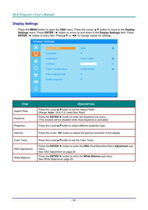 Page 35DLP Projector—User’s Manual 
Display Settings  
Press the MENU button to open the  OSD menu. Press the cursor  ▲▼ button to move to the  Display 
Settings  menu. Press  ENTER / ►  button to move up and down in the  Display Settings item. Press 
ENTER  / ►  button to entry item. Press▲▼  or ◄►  to change values for settings. 
 
ITEM DESCRIPTION 
Aspect Ratio  Press the cursor▲▼
button to set the Aspect Ratio. 
(Range:  Auto/ 16:9/ 4:3/ Letter Box/ Real) 
Keystone  Press the 
ENTER/ ► button to enter the...