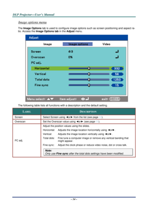 Page 61D
D
D L
L
L P
P
P  
 
  P
P
P r
r
r o
o
o j
j
j e
e
e c
c
c t
t
t o
o
o r
r
r —
—
— U
U
U s
s
s e
e
e r
r
r ’
’
’ s
s
s  
 
  M
M
M a
a
a n
n
n u
u
u a
a
a l
l
l  
 
 
– 54 – 
Image options menu 
The  Image Options  tab is used to configur e image options such as scr een positioning and aspect ra-
tio. Access the  Image Options tab  in the Adjust menu. 
 
The following table lists all functions  with a description and the default setting. 
LABEL DESCRIPTION 
Screen Select Screen using ◄or►  from the list...