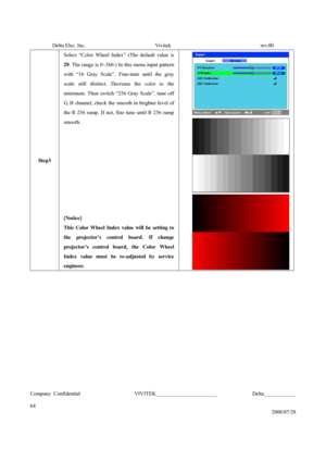 Page 64Delta Elec. Inc.  Vivitek  rev.00 
Company Confidential                    VIVITEK_______________________             Delta____________
  
64 
2008/07/28  Step3 Select “Color Wheel Index” (The default value is 
29. The range is 0~360.) In this menu input pattern 
with “16 Gray Scale”. Fine-tune until the gray 
scale still distinct. Decrease the color to the 
minimum. Then switch “256 Gray Scale”, tune off 
G, B channel, check the smooth in brighter level of 
the R 256 ramp. If not, fine tune until R 256...