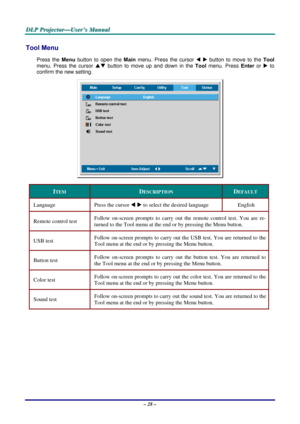 Page 34D
D
D L
L
L P
P
P  
 
  P
P
P r
r
r o
o
o j
j
j e
e
e c
c
c t
t
t o
o
o r
r
r —
—
— U
U
U s
s
s e
e
e r
r
r ’
’
’ s
s
s  
 
  M
M
M a
a
a n
n
n u
u
u a
a
a l
l
l  
 
 
Tool Menu  
Press the  Menu button to open the  Main menu. Press the cursor  W X  button to move to the Tool  
menu. Press the cursor  ST button to move up and down in the  Tool menu. Press  Enter or X
 to 
confirm the new setting. 
 
ITEM DESCRIPTION DEFAULT 
Language  Press the cursor W X  to select the desired language  English 
Remote...