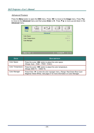 Page 32D
D
D L
L
L P
P
P  
 
  P
P
P r
r
r o
o
o j
j
j e
e
e c
c
c t
t
t o
o
o r
r
r —
—
— U
U
U s
s
s e
e
e r
r
r ’
’
’ s
s
s  
 
  M
M
M a
a
a n
n
n u
u
u a
a
a l
l
l  
 
 
Advanced Feature 
Press the Menu button to open the  OSD menu. Press ◄► to move to the  Image menu. Press
 ▼▲ 
to move to the  Advanced menu and then press  Enter or 
►. Press ▼▲ to move up and down in the 
Advanced  menu.  
 
ITEM DESCRIPTION 
Color Space 
Press the cursor ◄► button to adjust the color space.  
(Range: Auto – RGB – YPbPr-...