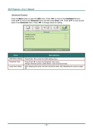 Page 40D
D
D L
L
L P
P
P  
 
  P
P
P r
r
r o
o
o j
j
j e
e
e c
c
c t
t
t o
o
o r
r
r —
—
— U
U
U s
s
s e
e
e r
r
r ’
’
’ s
s
s  
 
  M
M
M a
a
a n
n
n u
u
u a
a
a l
l
l  
 
 
Advanced Feature 
Press the Menu button to open the  OSD menu. Press ◄► to move to the 
Installation II menu. 
Press 
▲▼  to move to the 
Advanced menu and then press  Enter or ►. Press ▲▼ to move up and 
down in the Advanced  menu. Press 
◄► to change values for setting. 
 
ITEM DESCRIPTION 
OSD Menu Setting 
Press Enter / ► to enter the...