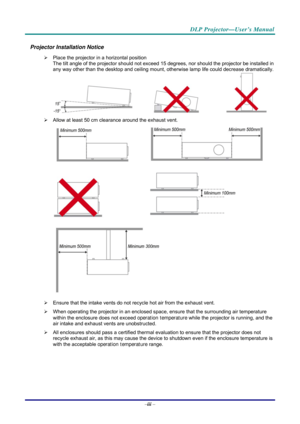 Page 3 
 
  DLP Projector—User’s Manual 
Projector Installation Notice 
¾
  Place the projector in a horizontal position 
The tilt angle of the projector should not exceed 15  degrees, nor should the projector be installed in 
any way other than the desktop and ceiling mount, otherwise lamp life could decrease dramatically. 
     
¾   Allow at least 50 cm clearance around the exhaust vent. 
  
 
  
 
 
¾   Ensure that the intake vents do not recycle hot air from the exhaust vent. 
¾   When operating the...