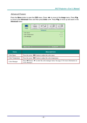 Page 29 
 
  DLP Projector—User’s Manual 
Advanced Feature 
Press the Menu button to open the 
OSD menu. Press  ◄► to move to the  Image menu. Press  ▼▲ 
to move to the  Advanced menu and then press  Enter or ►. Press  ▼▲ to move up and down in the 
Advanced  menu. 
 
ITEM DESCRIPTION 
Color Space  
Press the cursor ◄► button to adjust the color space.  
Color Temperature  
Press the cursor ◄► button to adjust the color temperature.  
Color Manager   Press  (Enter) / 
► to enter the color manager menu. See page...