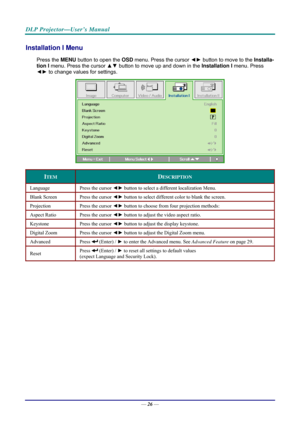 Page 34DLP Projector—User’s Manual 
Installation I Menu  
Press the MENU button to open the  OSD menu. Press the cursor  ◄► button to move to the  Installa-
tion I  menu. Press the cursor  ▲▼ button to move up and down in the  Installation I menu. Press 
◄►  to change values for settings. 
 
ITEM DESCRIPTION 
Language  Press the cursor ◄► button to select a different localization Menu. 
Blank Screen  Press the cursor ◄► button to select different color to blank the screen. 
Projection  Press the cursor ◄►...