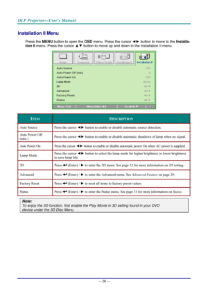 Page 36DLP Projector—User’s Manual 
Installation II Menu  
Press the MENU button to open the  OSD menu. Press the cursor  ◄► button to move to the  Installa-
tion II  menu. Press the cursor  ▲▼ button to move up and down in the Installation II menu.  
 
ITEM DESCRIPTION 
Auto Source  Press the cursor ◄► button to enable or disable  automatic source detection.  
Auto Power Off 
(min.) Press the cursor ◄►
 button to enable or disable automatic shutdown of lamp when no signal. 
Auto Power On  Press the cursor ◄►...