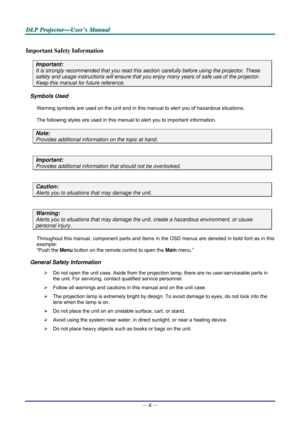 Page 2D D
D
L L
L
P P
P
   
 
P P
P
r r
r
o o
o
j j
j
e e
e
c c
c
t t
t
o o
o
r r
r
— —
—
U U
U
s s
s
e e
e
r r
r
’ ’
’
s s
s
   
 
M M
M
a a
a
n n
n
u u
u
a a
a
l l
l
   
 
— ii — 
Important Safety Information 
Important: 
It is strongly recommended that you read this section carefully before using the projector. These 
safety and usage instructions will ensure that you enjoy many years of safe use of the projector. 
Keep this manual for future reference. 
Symbols Used 
Warning symbols are used on the unit...