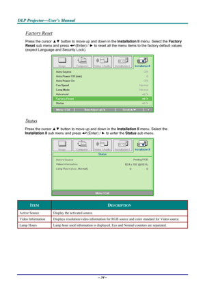Page 40D D
D
L L
L
P P
P
   
 
P P
P
r r
r
o o
o
j j
j
e e
e
c c
c
t t
t
o o
o
r r
r
— —
—
U U
U
s s
s
e e
e
r r
r
’ ’
’
s s
s
   
 
M M
M
a a
a
n n
n
u u
u
a a
a
l l
l
   
 
– 34 – 
Factory Reset 
Press the cursor ▲▼ button to move up and down in the Installation II menu. Select the Factory 
Reset sub menu and press 
 (Enter) / ► to reset all the menu items to the factory default values 
(expect Language and Security Lock). 
 
Status 
Press the cursor ▲▼ button to move up and down in the Installation II menu....