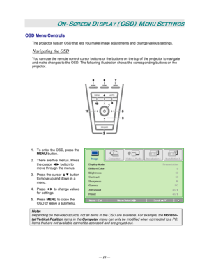Page 24— 18 — 
ON-SCREEN DISPLAY (OSD) MENU SETTINGS 
OSD Menu Controls 
The projector has an OSD that lets you make image adjustments and change various settings.  
Navigating the OSD 
You can use the remote control cursor buttons or the buttons on the top of the projector to navigate 
and make changes to the OSD. The following illustration shows the corresponding buttons on the 
projector. 
 
 
 
1.  To enter the OSD, press the 
MENU button.  
2.  There are five menus. Press 
the cursor ◄► button to 
move...