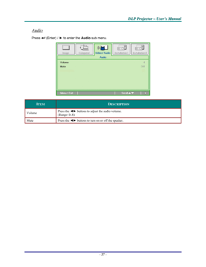 Page 33D D
D
L L
L
P P
P
   
 
P P
P
r r
r
o o
o
j j
j
e e
e
c c
c
t t
t
o o
o
r r
r
   
 
– –
–
   
 
U U
U
s s
s
e e
e
r r
r
’ ’
’
s s
s
   
 
M M
M
a a
a
n n
n
u u
u
a a
a
l l
l
   
 
– 27 – 
Audio 
Press  (Enter) / ► to enter the Audio
 sub menu. 
 
ITEM DESCRIPTION 
Volume Press the ◄► buttons to adjust the audio volume.  
(Range: 0~8) 
Mute Press the ◄► buttons to turn on or off the speaker. 
 
  
