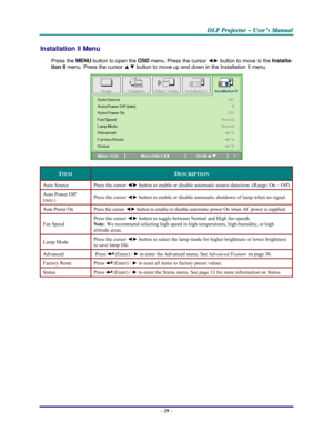 Page 35D D
D
L L
L
P P
P
   
 
P P
P
r r
r
o o
o
j j
j
e e
e
c c
c
t t
t
o o
o
r r
r
   
 
– –
–
   
 
U U
U
s s
s
e e
e
r r
r
’ ’
’
s s
s
   
 
M M
M
a a
a
n n
n
u u
u
a a
a
l l
l
   
 
– 29 – 
Installation II Menu  
Press the MENU
 button to open the OSD
 menu. Press the cursor ◄► button to move to the Installa-
tion II
 menu. Press the cursor ▲▼ button to move up and down in the Installation II menu.  
 
ITEM DESCRIPTION 
Auto Source  Press the cursor ◄► button to enable or disable automatic source...