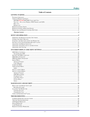 Page 5   
 
P P
P
r r
r
e e
e
f f
f
a a
a
c c
c
e e
e
   
 
– v – 
Table of Contents 
GETTING STARTED...............................................................................................................................................................1 
PACKING CHECKLIST................................................................................................................................................................1 
VIEWS OF PROJECTOR...