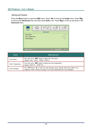 Page 33D
D
D L
L
L P
P
P  
 
  P
P
P r
r
r o
o
o j
j
j e
e
e c
c
c t
t
t o
o
o r
r
r —
—
— U
U
U s
s
s e
e
e r
r
r ’
’
’ s
s
s  
 
  M
M
M a
a
a n
n
n u
u
u a
a
a l
l
l  
 
 
Advanced Feature 
Press the Menu button to open the  OSD menu. Press  ◄► to move to the  Image menu. Press  ▼▲ 
to move to the  Advanced menu and then press  Enter or ►. Press  ▼▲ to move up and down in the 
Advanced  menu. 
 
ITEM DESCRIPTION 
Color Space   Press the cursor ◄►
 button to adjust the color space.  
(Range: Auto – RGB –...