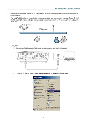 Page 39
D
D
D L
L
L P
P
P  
 
  P
P
P r
r
r o
o
o j
j
j e
e
e c
c
c t
t
t o
o
o r
r
r  
 
  –
–
–  
 
  U
U
U s
s
s e
e
e r
r
r ’
’
’ s
s
s  
 
  M
M
M a
a
a n
n
n u
u
u a
a
a l
l
l  
 
 
For simplicity and ease of operatio n, the projector provides diverse networking and remote manage-
ment features. 
The LAN/RJ45 function of  the projector through a network, such  as remotely manage: Power On/Off, 
Brightness and Contrast settings. Also, projector st atus information, such as: Video-Source, Sound-
Mute, etc....