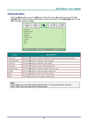 Page 31D D
D
L L
L
P P
P
   
 
P P
P
r r
r
o o
o
j j
j
e e
e
c c
c
t t
t
o o
o
r r
r
   
 
– –
–
   
 
U U
U
s s
s
e e
e
r r
r
’ ’
’
s s
s
   
 
M M
M
a a
a
n n
n
u u
u
a a
a
l l
l
   
 
– 25 – 
Video/Audio Menu  
Press the Menu button to open the OSD menu. Press the cursor ◄► button to move to the Vid-
eo/Audio menu. Press the cursor ▲▼ button to move up and down in the Video/Audio menu. Press 
◄► to change values for settings. 
 
ITEM DESCRIPTION 
Video AGC  Press the ◄► buttons to enable or disable the...