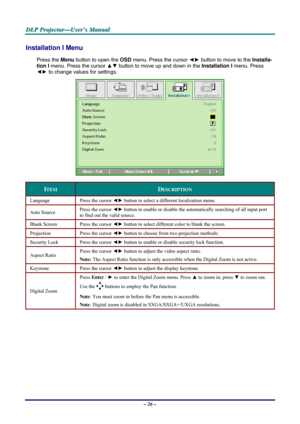 Page 32D D
D
L L
L
P P
P
   
 
P P
P
r r
r
o o
o
j j
j
e e
e
c c
c
t t
t
o o
o
r r
r
— —
—
U U
U
s s
s
e e
e
r r
r
’ ’
’
s s
s
   
 
M M
M
a a
a
n n
n
u u
u
a a
a
l l
l
   
 
– 26 – 
Installation I Menu  
Press the Menu button to open the OSD menu. Press the cursor ◄► button to move to the Installa-
tion I menu. Press the cursor ▲▼ button to move up and down in the Installation I menu. Press 
◄► to change values for settings. 
 
ITEM DESCRIPTION 
Language  Press the cursor ◄► button to select a different...