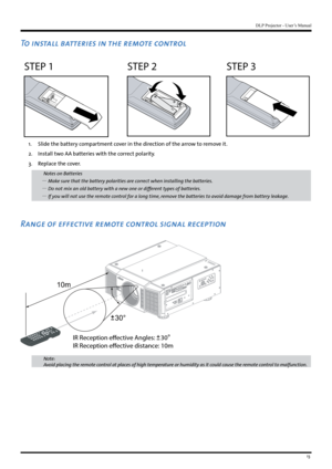 Page 1313
DLP Projector - User’s Manual
To install batteries in the remote control
STEP 1STEP 2STEP 3
1. Slide the battery compartment cover in the direction of the arrow to remove it. 
2.  Install two AA batteries with the correct polarity. 
3.  Replace the cover.
Notes on Batteries
 
y Make sure that the battery polarities are correct when installing the batteries. 
 
y Do not mix an old battery with a new one or different types of batteries. 
 
y If you will not use the remote control for a long time, remove...