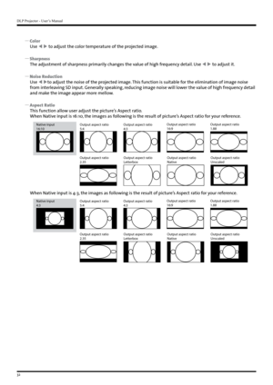 Page 32DLP Projector - User’s Manual
32
 
y Color
Use   to adjust the color temperature of the projected image.
 
y Sharpness
The adjustment of sharpness primarily changes the value of high frequency detail. Use   to adjust it.
 
y Noise Reduction
Use  to adjust the noise of the projected image. This function is suitable for the elimination of image noise 
from interleaving SD input. Generally speaking, reducing image noise will lower the value of high frequency detail 
and make the image appear more...