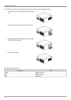 Page 52DLP Projector - User’s Manual
52
To replace the Filter on the right side of the projector
1. Loosen the fan cover on the right side of the projec-
t o r.
2. Open the fan cover and remove the filter from it.
3. Insert a new filter and install the fan cover on the 
right side of the projector.
4 . Secure the fan cover.
 
„ Optional component
Component P/ N
Handle D88-Acc-HDL-00
Foot D88-Acc-Fot-00
Filter D88-AF00   