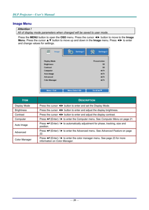 Page 29DLP Projector—User’s Manual 
Image Menu  
Attention !   
All of display mode parameters when changed will be saved to user mode.  
Press the MENU button to open the  OSD menu. Press the cursor  ◄► button to move to the  Image 
Menu. Press the cursor  ▲▼ button to move up and down in the  Image menu. Press  ◄► to enter 
and change values for settings. 
 
ITEM DESCRIPTION 
Display Mode  Press the cursor ◄► button to enter and set the Display Mode.  
Brightness  Press the cursor ◄► button to enter and...