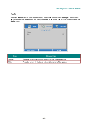 Page 34DLP Projector—User’s Manual 
Audio 
Press the Menu button to open the OSD menu. Press  ◄► to move to the  Settings 1 menu. Press 
▼▲  to move to the  Audio menu and then press Enter  or ►. Press  ▼▲ to move up and down in the 
Audio menu. 
 
ITEM DESCRIPTION 
Volume  Press the cursor ◄► button to enter and adjust the audio volume.  
Mute  Press the cursor ◄► button to enter and turn on or off the speaker. 
 
– 25  –  