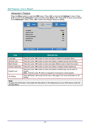 Page 35DLP Projector—User’s Manual 
Advanced 1 Feature 
Press the Menu button to open the OSD menu. Press  ◄► to move to the  Settings 1 menu. Press 
▲▼  to move to the  Advanced 1 menu and then press  Enter or ►. Press ▲▼ to move up and down 
in the  Advanced 1  menu. Press  ◄► to enter and change values for setting. 
 
ITEM DESCRIPTION 
Language  Press the cursor ◄► button to enter and select a different localization Menu. 
Security Lock   Press the cursor ◄► button to enter and enable or disable security...