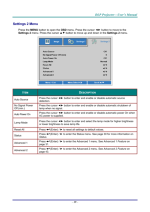 Page 38DLP Projector—User’s Manual 
Settings 2 Menu  
Press the MENU button to open the  OSD menu. Press the cursor  ◄► button to move to the 
Settings 2  menu. Press the cursor  ▲▼ button to move up and down in the  Settings 2 menu.  
 
ITEM DESCRIPTION 
Auto Source  Press the cursor 
◄► button to enter and enable or disable automatic source 
detection.  
No Signal Power 
Off (min.)  Press the cursor 
◄► button to enter and enable or disable automatic shutdown of 
lamp when no signal.  
Auto Power On  Press...