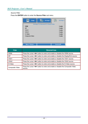 Page 53DLP Projector—User’s Manual 
Source Filter 
Press the ENTER button to enter the  Source Filter sub menu. 
 
ITEM DESCRIPTION 
HDMI  Press the cursor ◄► button to enter and enable or disable the HDMI source. 
DP  Press the cursor ◄► button to enter and enable or disable the DisplayPort source. 
VGA1  Press the cursor ◄► button to enter and enable or disable the VGA1 source. 
VGA2  Press the cursor ◄► button to enter and enable or disable the VGA2 source. 
S-Video  Press the cursor ◄► button to enter and...