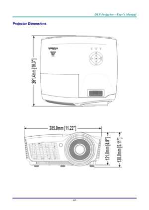 Page 70DLP Projector—User’s Manual 
Projector Dimensions 
 
 
TEMP POWER LAMP
 
–  61
  –  