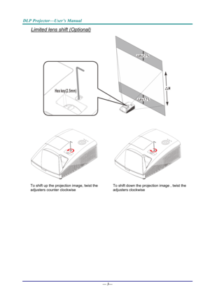 Page 11DLP Projector—User’s Manual 
Limited lens shift (Optional) 
 
 
        
To shift up the projection image, twist the 
adjusters counter clockwise  To shift down the projection image , twist the 
adjusters clockwise 
— 
3—  