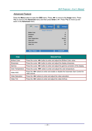 Page 30DLP Projector—User’s Manual 
Advanced Feature 
Press the Menu button to open the OSD menu. Press  ◄► to move to the  Image menu. Press 
▼▲  to move to the  Advanced menu and then press  Enter or ►. Press  ▼▲ to move up and 
down in the  Advanced menu. 
 
ITEM DESCRIPTION 
Brilliant Color  Press the cursor ◄► button to enter and adjust the Brilliant Color value. 
Sharpness  Press the cursor ◄► button to enter and adjust the display sharpness. 
Gamma  Press the cursor ◄► button to enter and adjust the...
