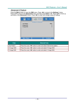 Page 36DLP Projector—User’s Manual 
Advanced 2 Feature 
Press the Menu button to open the OSD menu. Press  ◄► to move to the  Settings 1 menu. 
Press  ▲▼ to move to the  Advanced 2 menu and then press  Enter or ►. Press  ▲▼ to move up 
and down in the Advanced 2  menu. Press ◄► to enter and change values for setting. 
 
ITEM DESCRIPTION 
Test Pattern  Press the cursor ◄► button to enter and select internal test pattern. 
H Image Shift  Press the cursor ◄► button to enter and select H Image Shift. 
V Image Shift...