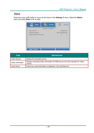 Page 38DLP Projector—User’s Manual 
Status 
Press the cursor ▲▼ button to move up and down in the  Settings 2 menu. Select the Status 
menu and press Enter or  ► to enter.
 
 
ITEM DESCRIPTION 
Active Source  Display the activated source. 
Video Information Displays resolution/video information for RGB source and color standard for Video 
source. 
Lamp Hours 
Lamp hour used information is displayed. ( Eco and Normal ) 
 
— 30—  