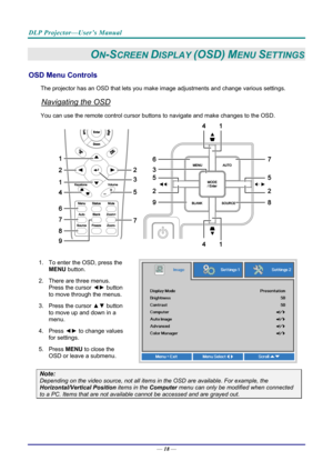 Page 26DLP Projector—User’s Manual 
— 18 — 
ON-SCREEN DISPLAY (OSD) MENU SETTINGS 
OSD Menu Controls 
The projector has an OSD that lets you ma ke image adjustments and change various settings.  
Navigating the OSD 
You can use the remote contro l cursor buttons to navigate and make changes to the OSD.  
 
1.  To enter the OSD, press the 
MENU button.  
2.  There are three menus.  Press the cursor ◄►  button 
to move through the menus.  
3. Press the cursor  ▲▼ button 
to move up and down in a 
menu.  
4. Press...