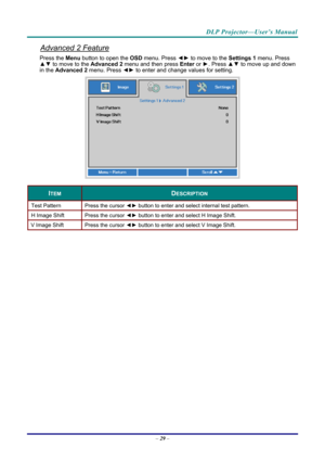 Page 37DLP Projector—User’s Manual 
Advanced 2 Feature 
Press the Menu button to open the OSD menu. Press  ◄► to move to the  Settings 1 menu. Press 
▲▼  to move to the  Advanced 2 menu and then press  Enter or ►. Press ▲▼ to move up and down 
in the  Advanced 2  menu. Press  ◄► to enter and change values for setting. 
 
ITEM DESCRIPTION 
Test Pattern  Press the cursor ◄► button to enter and select internal test pattern. 
H Image Shift  Press the cursor ◄► button to enter and select H Image Shift. 
V Image...