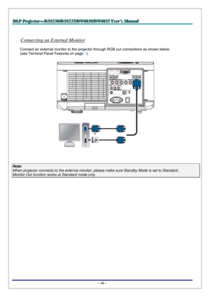 Page 23D D
D
L L
L
P P
P
   
 
P P
P
r r
r
o o
o
j j
j
e e
e
c c
c
t t
t
o o
o
r r
r
— —
—
D D
D
X X
X
6 6
6
5 5
5
3 3
3
0 0
0
/ /
/
D D
D
X X
X
6 6
6
5 5
5
3 3
3
5 5
5
/ /
/
D D
D
W W
W
6 6
6
0 0
0
3 3
3
0 00
/ /
/
D D
D
W W
W
6 6
6
0 0
0
3 3
3
5 5
5
   
 
U U
U
s s
s
e e
e
r r
r
’ ’
’
s s
s
   
 
M M
M
a a
a
n n
n
u u
u
a a
a
l l
l
   
 
– 16 – 
 
Connecting an External Monitor 
Connect an external monitor to the projector through RGB out connections as shown below  
(see Terminal Panel Features on page 5)....