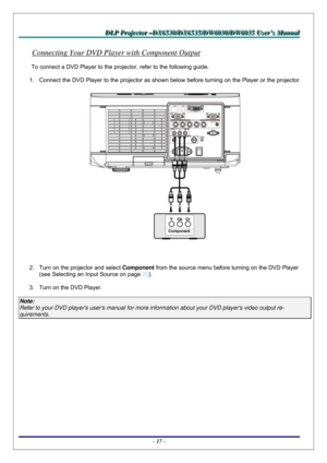 Page 24D D
D
L L
L
P P
P
   
 
P P
P
r r
r
o o
o
j j
j
e e
e
c c
c
t t
t
o o
o
r r
r
   
 
– –
–
D D
D
X X
X
6 6
6
5 5
5
3 3
3
0 0
0
/ /
/
D D
D
X X
X
6 6
6
5 5
5
3 3
3
5 5
5
/ /
/
D D
D
W W
W
6 6
6
0 0
0
3 33
0 0
0
/ /
/
D D
D
W W
W
6 6
6
0 0
0
3 3
3
5 5
5
   
 
U U
U
s s
s
e e
e
r r
r
’ ’
’
s s
s
   
 
M M
M
a a
a
n n
n
u u
u
a a
a
l l
l
   
 
– 17 – 
Connecting Your DVD Player with Component Output 
To connect a DVD Player to the projector, refer to the following guide. 
1.  Connect the DVD Player to the...