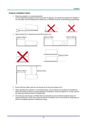 Page 4 P
P
P r
r
r e
e
e f
f
f a
a
a c
c
c e
e
e  
 
 
Projector Installation Notice 
¾   Place the projector in a horizontal position 
The tilt angle of the projector should not exceed 15  degrees, nor should the projector be installed in 
any way other than the desktop and ceiling mount, otherwise lamp life could decrease dramatically. 
     
¾   Allow at least 50 cm clearance around the exhaust vent. 
  
 
  
 
 
¾   Ensure that the intake vents do not recycle hot air from the exhaust vent. 
¾   When...