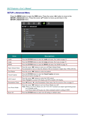 Page 42DLP Projector—User’s Manual 
SETUP>>Advanced Menu  
Press the MENU button to open the  OSD menu. Press the cursor  ◄► button to move to the 
SETUP>>Advanced  menu. Press the cursor  ▲▼ button to move up and down in the     
SETUP>>Advanced  menu.  
 
ITEM DESCRIPTION 
Audio Press  the ENTER  button to enter the  Audio sub menu. See  Audio on page  35. 
Lamp Press  the ENTER  button to enter the  Lamp sub menu. See  Lamp on page  35. 
HDMI Press  the ENTER  button to enter the  HDMI sub menu. See  HDMI on...