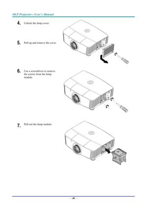 Page 48DLP Projector—User’s Manual 
4.  Unlock the lamp cover. 
5.  Pull up and remove the cover. 
 
6.  Use a screwdriver to remove 
the screws from the lamp 
module. 
 
7.  Pull out the lamp module. 
 
—  40 —  