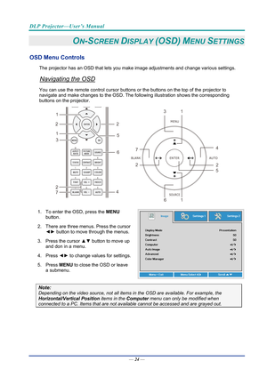 Page 33DLP Projector—User’s Manual 
— 24 — 
ON-SCREEN DISPLAY (OSD) MENU SETTINGS 
OSD Menu Controls 
The projector has an OSD that lets you ma ke image adjustments and change various settings.  
Navigating the OSD 
You can use the remote control  cursor buttons or the buttons on the top of the projector to 
navigate and make changes to  the OSD. The following illustration shows the corresponding 
buttons on the projector. 
13
16
5
2
7
2
4
1
1
3
4
5
6
7
 
1.  To enter the OSD, press the  MENU 
button.  
2....