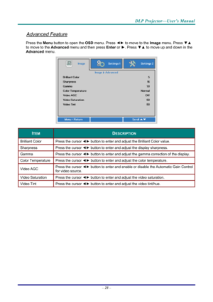 Page 31DLP Projector—User’s Manual 
Advanced Feature 
Press the Menu button to open the OSD menu. Press  ◄► to move to the  Image menu. Press  ▼▲ 
to move to the  Advanced menu and then press  Enter or ►. Press  ▼▲ to move up and down in the 
Advanced  menu. 
 
ITEM DESCRIPTION 
Brilliant Color  Press the cursor ◄► button to enter and adjust the Brilliant Color value. 
Sharpness  Press the cursor ◄► button to enter and adjust the display sharpness. 
Gamma  Press the cursor ◄► button to enter and adjust the...