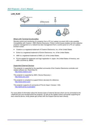 Page 42DLP Projector—User’s Manual 
LAN_RJ45 
 
Wired LAN Terminal functionalites 
Remote control and monitoring of a projector from a PC (or Laptop) via wired LAN is also possible. 
Compatibility with Crestron / AMX (Device Discovery) / Extron control boxes enables not only collective 
projector management on a network but also management from a control panel on a PC (or Laptop) 
browser screen. 
   Crestron is a registered tra demark of Crestron Electronics, Inc. of the United States. 
   Extron is a...