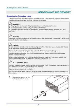 Page 57— 48 — 
MAINTENANCE AND SECURITY 
Replacing the Projection Lamp 
The projection lamp should be replaced when it burns out. It should only be replaced with a certified 
replacement part, which you can order from your local dealer.  
 Important: 
a. The projection lamp used in this product contains a small amount of mercury. 
b. Do not dispose this product with general household waste. 
c. Disposal of this product must be carried out in accordance with the regulations of your local  
authority. 
 Warning:...